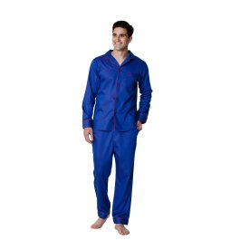 Blue Men's Cotton Pyjamas with Red Piping