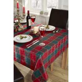 Christmas Tablecloth Check Jacquard, Red & Green Holly