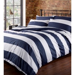 Horizontal Stripe Duvet Cover Set, 100% Cotton, Navy and White - Double
